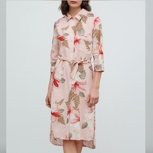 Women's Zara Peach Floral Button Down Midi Belted Tunic Dress M Fit & Flare